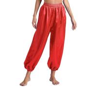 Hansber Bauchtanz Pantalon Femme Long Satin Harem Pantalon Élastique Arabe Tanzhose Taille Haute Pantalon pour Carnaval Fête À Thème Rouge XXL