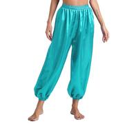 Hansber Bauchtanz Pantalon Femme Long Satin Harem Pantalon Élastique Arabe Tanzhose Taille Haute Pantalon pour Carnaval Fête À Thème Cyan S
