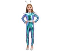 Hansber Combinaison Spatiale Extraterrestre Pour Enfant Fille Ensemble Intégral À Manches Longues Métallisé Costume D Astronaute Avec Bandeau Alien Déguisement De Bleu 7-8 ans
