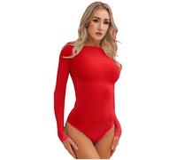 Hansber Corps En Nylon Femme Combinaison Transparente Combinaison Intégrale Manches Longues Combinaison Courte Brillant Lingerie Avec Col Rond Érotique Rouge sans entrejambe Taille unique