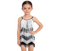 Hansber Costume Danse Jazz pour Enfant Franges Quilles Robe Flapper pour Mädchen Robe Danse Latine Patchwork Bloc Couleur Combinaison Courte Jumpsuit avec Tasseaux Blanc 9-10 Ans