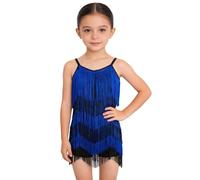 Hansber Costume Danse Jazz pour Enfant Franges Quilles Robe Flapper pour Mädchen Robe Danse Latine Patchwork Bloc Couleur Combinaison Courte Jumpsuit avec Tasseaux Bleu Royal 9-10 Ans