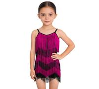 Hansber Costume Danse Jazz pour Enfant Franges Quilles Robe Flapper pour Mädchen Robe Danse Latine Patchwork Bloc Couleur Combinaison Courte Jumpsuit avec Tasseaux Rose Vif 9-10 Ans