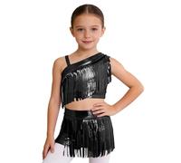 Hansber Costume Danse Jazz Pour Enfants Filles Top Danse Métallique Haut Une Épaule Et Décolleté Franges Quilles Shorts Jupe Tenue Fête Disco Brillante Noir 13-14 ans