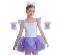 Hansber Costume De Ballerine pour Enfants Filles Paillettes Robe De Ballet Manches Bouffantes Robe De Danse Tutu avec Ruban Bandeau Bas De Chausses Costume De Danse Violet 7-8 Ans