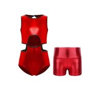 Hansber Costume De Gymnastique Pour Enfants Filles Métallique Scintillant Costume De Ballet Sans Manches Body De Danse Avec Coupe Découpée Maillot De Ballet Avec Rouge 15-16 ans