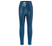 Hansber Costume De Sirène pour Mädchen Pantalon Enfant Leggings Métallisés Imprimé Écailles De Poisson Collants Stretch Pantalon De Danse Déguisement Carnaval Bleu Clair 7-8 Ans