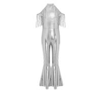 Hansber Costume Hippie Pour Enfant Mädchen Des Années Tenue Disco Combinaison Métallique Glissante Pour Tout Le Corps Salopette Sans Épaules Pantalon Large Pour Argent 15-16 ans
