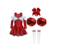 Hansber Costume Meneuse Chœur Pour Enfant Mädchen Robe Cheerleading Longue Manche Robe Danse Avec Paillettes Et Scintillement Sport Sans Manches Avec Bandeau Un rouge 7-8 ans