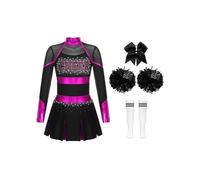 Hansber Costume Pom Pom Girl Pour Enfant Mädchen Robe Cheerleading Manches Longues Robe Danse En Patchwork Métallique Avec Ruban Bandeau Bas Et Bouquets Danse Rose vif et blanc 5-6 ans