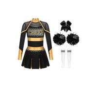 Hansber Costume Pom Pom Girl Pour Enfant Mädchen Robe Cheerleading Manches Longues Robe Danse En Patchwork Métallique Avec Ruban Bandeau Bas Et Bouquets Danse Or et blanc 11-12 ans