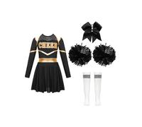 Hansber Costume Pom Pom Girl Pour Enfant Mädchen Robe Cheerleading Manches Longues Robe Danse En Patchwork Métallique Avec Ruban Bandeau Bas Et Bouquets Danse Un blanc et noir 5-6 ans