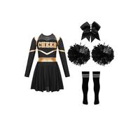 Hansber Costume Pom Pom Girl Pour Enfant Mädchen Robe Cheerleading Manches Longues Robe Danse En Patchwork Métallique Avec Ruban Bandeau Bas Et Bouquets Danse Un noir et blanc 13-14 ans