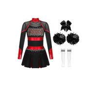 Hansber Costume Pom Pom Girl Pour Enfant Mädchen Robe Cheerleading Manches Longues Robe Danse En Patchwork Métallique Avec Ruban Bandeau Bas Et Bouquets Danse Rouge et blanc 7-8 ans