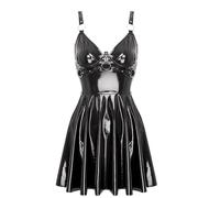 Hansber Dames Robe en Cuir Vernis Effet Mouillé Mini Robe Courte sans Manches De Soirée Décolleté en V Corsage Tenue Gogo Danse Rave Noir 5XL