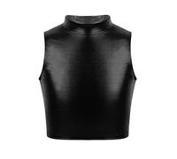 Hansber Enfants Fille Métallique Soutien-Gorge sans Manches Ballet Gymnastique Chemise Court Col Roulé Bikini Haut Ventre Nu Réservoir Haut Scintillant pour Carnaval Noir 9-10 Ans