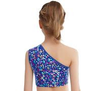 Hansber Enfants Filles Brassières Pailletées Sousvêtement sans Rembourrage Bustier Leotard À Une Épaule Haut De Bikini Motif Léopard Chemise De Danse Haut Court Bleu 2-6 Ans