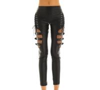 Hansber Femmes Wetlook Leggings Effet Cuir Collants Résille Pantalons Contrastés Bas Longs avec Cordon Skinny Pantalons Tenue De Soirée Clubwear Noir XL