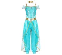 Hansber Fille Princesse Costume Enfants Arabe Indien Danse du Ventre Revêtement Paillettes dans L'ensemble Combinaison Conte De Fées Cosplay Faire La Fête Tenues Bleu Clair 13-14 Ans