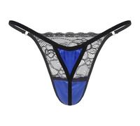 Hansber Hommes Culottes Sissy String Transparent Dentelle Ouvert Lingerie avec Motif Floral Satin Fente Basse Taille Hotpants Érotique Nuisette Bleu_Royal XL