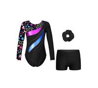 Hansber Petite Mädchen Tenue De Danse Avec Short Bandeau Pièces Vêtements De Danse Manches Longues Strass Paillettes Body Métallique Patchwork Maillot Col Rond Une étoile noire 11-12 ans