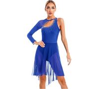 Hansber Robe De Ballet Femme Lyrique Une Épaule Robe De Danse Standard Costume De Danse Latine Strass Paillettes Justaucorps De Ballet Asymétrique Jupe en Mousseline Tenue D Bleu Royal L