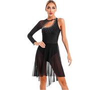 Hansber Robe De Ballet Femme Lyrique Une Épaule Robe De Danse Standard Costume De Danse Latine Strass Paillettes Justaucorps De Ballet Asymétrique Jupe en Mousseline Tenue D Noir L