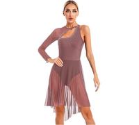 Hansber Robe De Ballet Femme Lyrique Une Épaule Robe De Danse Standard Costume De Danse Latine Strass Paillettes Justaucorps De Ballet Asymétrique Jupe en Mousseline Tenue D Brun rougeâtre L
