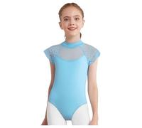 Hansber Robe De Ballet Pour Petites Filles Manches En Dentelle Fleurie Tenue De Danse Col Montant Body Mesh Patchwork Maillot Coupe Leotard Vêtements De Danse Bleu clair 15-16 ans