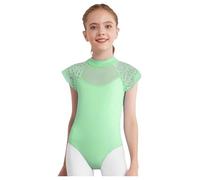 Hansber Robe De Ballet Pour Petites Filles Manches En Dentelle Fleurie Tenue De Danse Col Montant Body Mesh Patchwork Maillot Coupe Leotard Vêtements De Danse Vert clair 5-6 ans