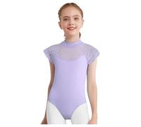 Hansber Robe De Ballet Pour Petites Filles Manches En Dentelle Fleurie Tenue De Danse Col Montant Body Mesh Patchwork Maillot Coupe Leotard Vêtements De Danse Violet clair 9-10 ans