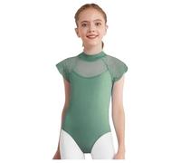 Hansber Robe De Ballet Pour Petites Filles Manches En Dentelle Fleurie Tenue De Danse Col Montant Body Mesh Patchwork Maillot Coupe Leotard Vêtements De Danse Vert 15-16 ans