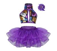 Hansber Robe De Danse Mädchen Paillettes Enfant Pièces Court Haut Jupe Tutu À Volants Bandeau Jazz Modern Dance Costume Standard Violet 8-10 Ans