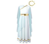 Hansber Robe Pour Fille Costume Grec Festif Robe Médiévale À Manches Longues Blanche Déesse Grecque Athena De Fête Avec Bandeau Feuille Costume Pour Enfant Bleu clair 9-10 ans