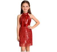 Hansber Robes Danse sans Manches en Métal pour Filles Enfant avec Volants Français Robes Fête avec Collier Cocktail en Forme A Soirée Décolletées Dos Nu Cérémonie Rouge 9-10 Ans