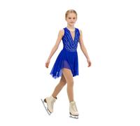Hansber Robes De Patinage Artistique Filles Strass Paillettes Robe De Danse sans Manches Body Danse Patchwork Maillot Justaucorps avec Jupe en Chiffon #6-16 Ans Bleu Royal 11-12 Ans