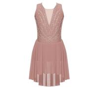 Hansber Robes De Patinage Artistique pour Enfants Filles Strass Paillettes Robe De Danse sans Manches Body Danse Patchwork Maillot Justaucorps avec Jupe en Chiffon Rose poudré 7-8 Ans