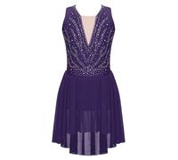 Hansber Robes De Patinage Artistique pour Enfants Filles Strass Paillettes Robe De Danse sans Manches Body Danse Patchwork Maillot Justaucorps avec Jupe en Chiffon Violet 11-12 Ans