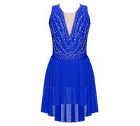 Hansber Robes De Patinage Artistique pour Enfants Filles Strass Paillettes Robe De Danse sans Manches Body Danse Patchwork Maillot Justaucorps avec Jupe en Chiffon Bleu Royal 7-8 Ans