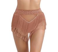 Hansber Shorts De Danse pour Femmes Strass Paillettes Pantalon De Danse Latine Franges Pompon Salle Bal Sousvêtements Rumba Tango Salsa Costume Brun S