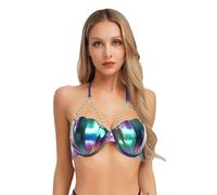 Hansber Soutiengorge sans Armatures Métallique Sirène Haut De Bikini Coquillage Perles Bustier Dos Nu Bralette Tenue Gogo Danse Rave Bleu M