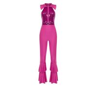 Hansber Tenue Disco Femme Années Paillettes Glitter Combinaison Sans Manches Jumpsuit Corps Entier Costume De Danse Avec Jambe Large Évasée Vêtement De Danse Rose vif M
