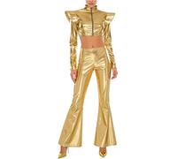 Hansber Tenue Disco Métallique Pour Dames Veste Holographique Manches Longues Sans Abdomen En Style Bomber Pantalon Haut Taille Leggings Sortants Pantalons Jazz Or L