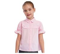Hansber Tunique Blouse Enfants Filles Manches Courtes Chemise Volants Col Revers Chemise Dentelle Chemise Boutonnée Slim Fit Rose 9-10 Ans