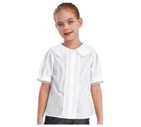 Hansber Tunique Blouse Enfants Filles Manches Courtes Chemise Volants Col Revers Chemise Dentelle Chemise Boutonnée Slim Fit Blanc A 9-10 Ans