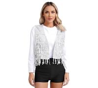 Hansber Veste Femme Élégante Avec Paillettes Sans Manches Franges Pompons Veste Courte Col En V Manteau Fête Disco Festival Tenue Argent XL