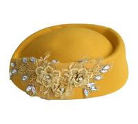 Hansber Vintage Barett Chapeau Pillbox Église Derby Chapeau Fedoras Avec Strass Décoré De Fleurs Pour Banquet Tea Party Jaune Taille unique