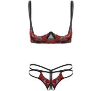 Hansber Women Lingerie Set Hebe Soutiengorge Bustier Strings Ouvert Slips Bikini Ensembles Dentelle Sousvêtements Nuisettes Clubwear Rouge Taille Unique