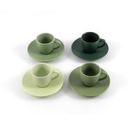 Hanseküche Lot de 4 tasses à expresso en grès de qualité supérieure, fabriquées à la main et à paroi épaisse, tasses à expresso avec soucoupes (vert mat, 75 ml)