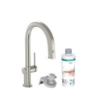 Hansgrohe Robinet de cuisine Aqittura M91 – Bec extractible, 1 jet, kit démarrage – Acier inoxydable